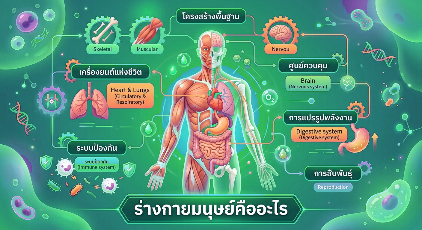 อินโฟกราฟิกภาพรวมร่างกายมนุษย์ แสดงระบบต่าง ๆ ของร่างกาย ได้แก่ ระบบกระดูก กล้ามเนื้อ ประสาท ไหลเวียนเลือด หายใจ ย่อยอาหาร ภูมิคุ้มกัน และระบบสืบพันธุ์